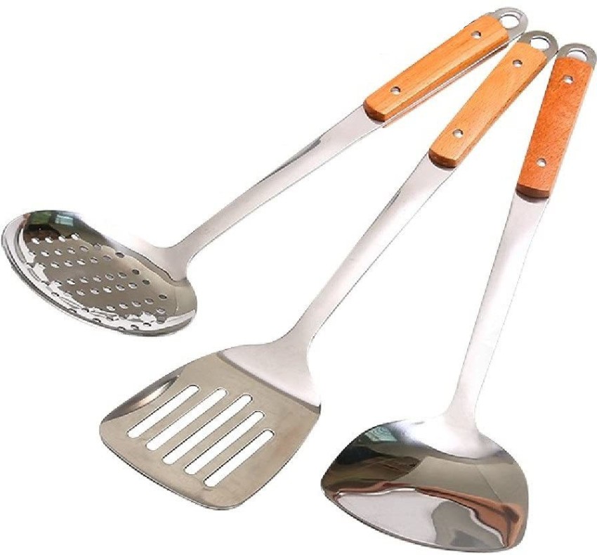 3-peice Stainless Steel Turner Ladle Set with Wooden Handle