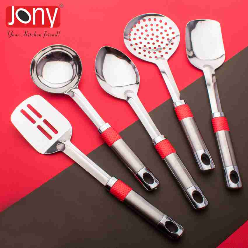 Kitchen Set with Masher, Tongs, Skimmer, Spatula, and Brush, Red