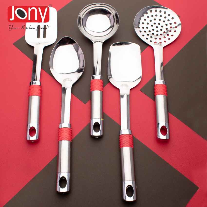 Kitchen Set with Masher, Tongs, Skimmer, Spatula, and Brush, Red