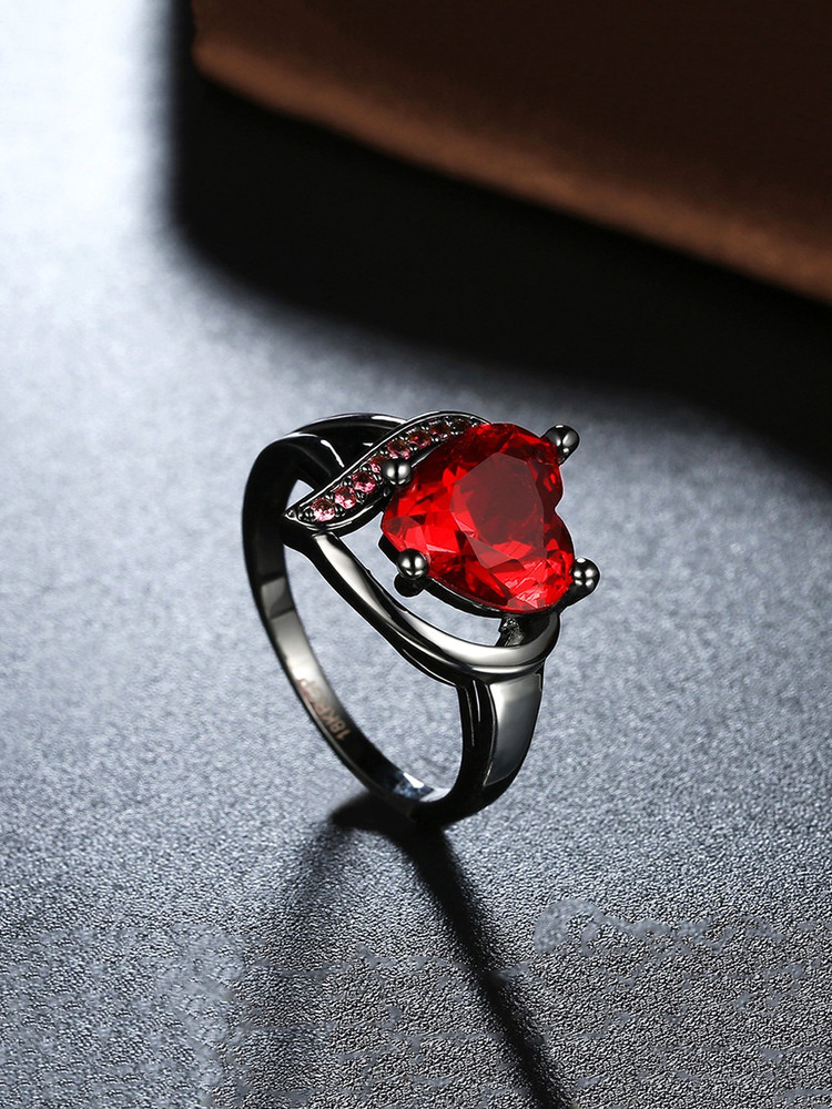 YELLOW CHIMES Valentine Special Red Crystal Heart Ring Gun Plated