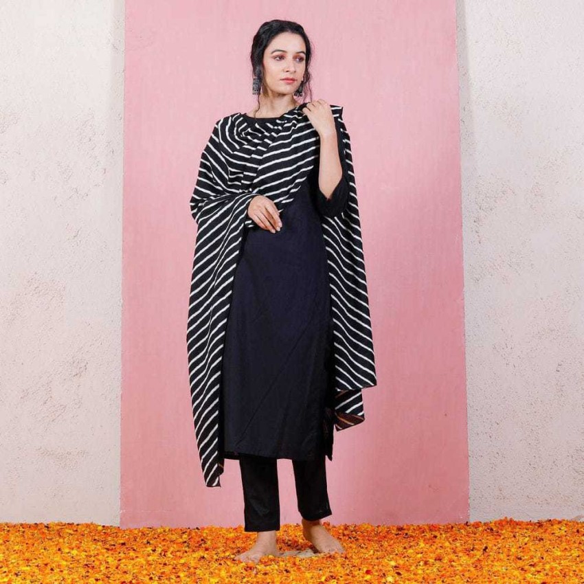 Buy Black White Hand Block Printed Cotton Kurta with Pants  Set of 2   KS556NAF9  The loom