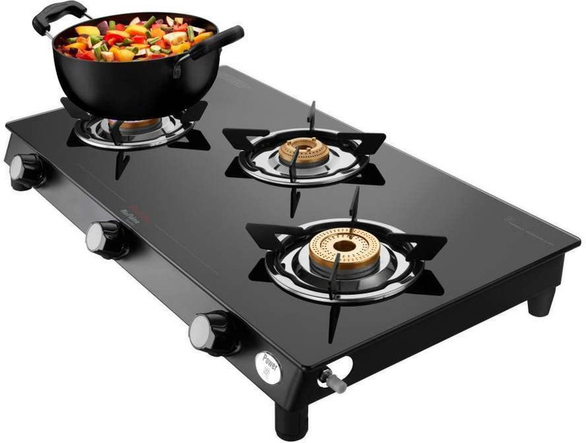 Preethi Bluflame Sparkle Power Duo Glass top 3 Open burner gas stove Manual Ignition Glass Manual Gas Stove Price in India Buy Preethi Bluflame Sparkle Power Duo Glass top 3 Open