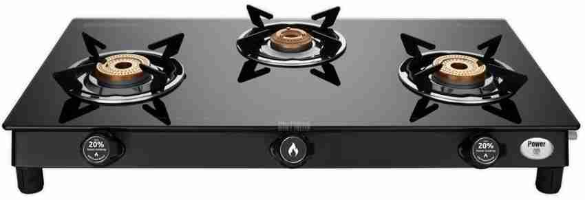 Preethi Bluflame Sparkle Power Duo Glass top 3 Open burner gas stove Manual Ignition Glass Manual Gas Stove