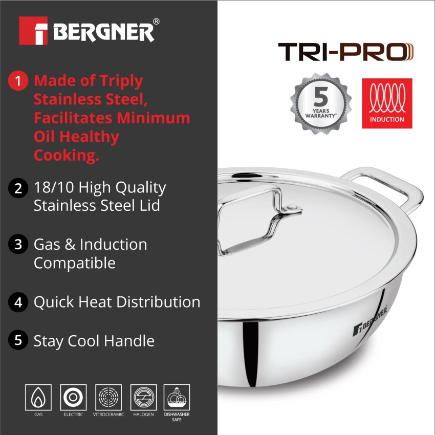 Bergner Stainless Steel Triply Deep Fry Pan Wok Kadhai With Lid 3.8 L 24 cm