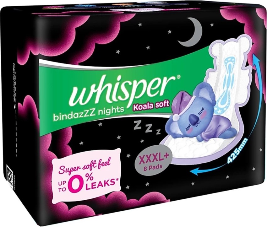 Buy Whisper Bindazzz Night Thin XL+ Sanitary Pads For Upto 0% Leaks-40%  Longer With Dry Top Sheet,30 Pad Online