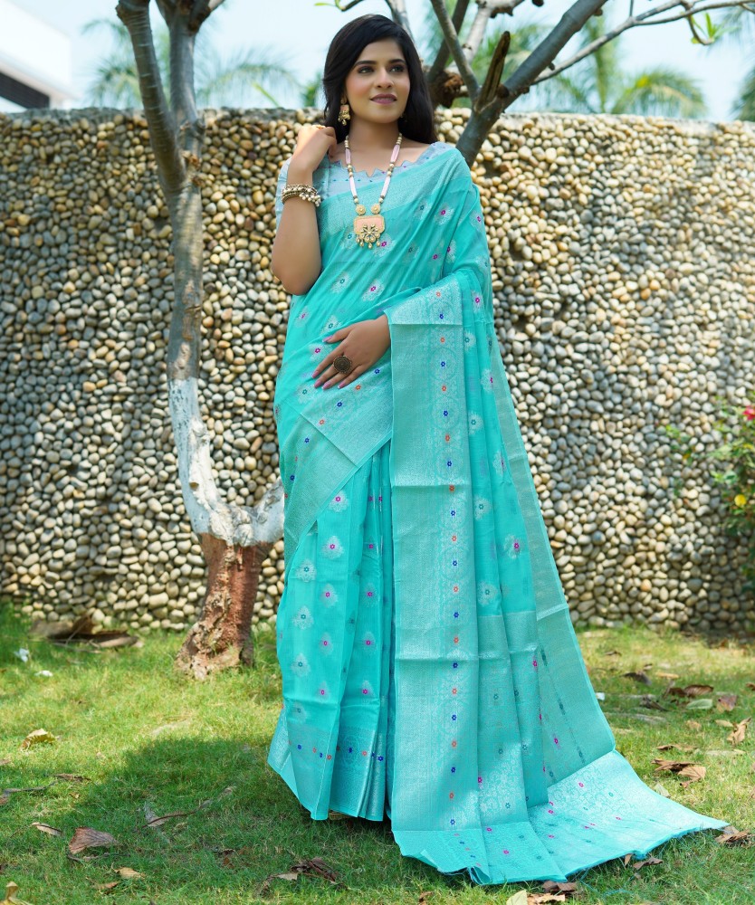 Buy Janvi Boutique Woven Kanjivaram Cotton Silk Blue Sarees Online @ Best  Price In India