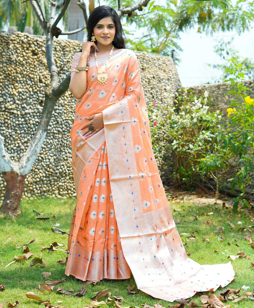 Buy limdo Woven Banarasi Linen Orange Sarees Online Best Price In India Flipkart
