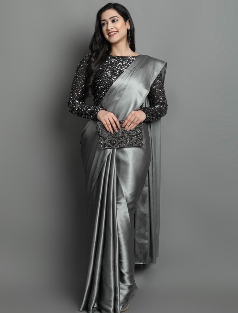 Reeta Fashion Elegant Grey Satin Silk Plain Saree with Unstitched