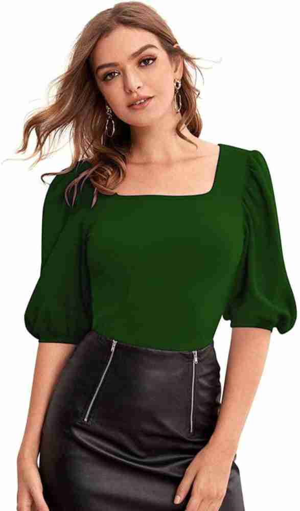 Dark green discount puff sleeve top