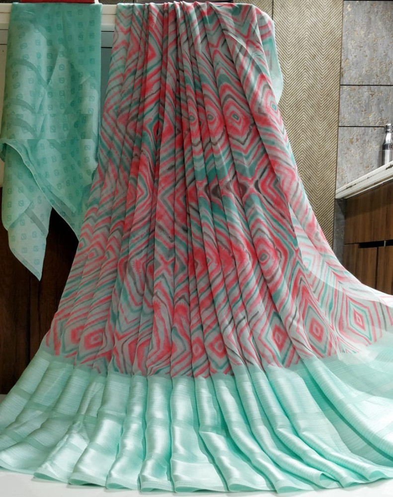 Buy Fancy Fab Striped Bandhani Georgette Art Silk Light Blue