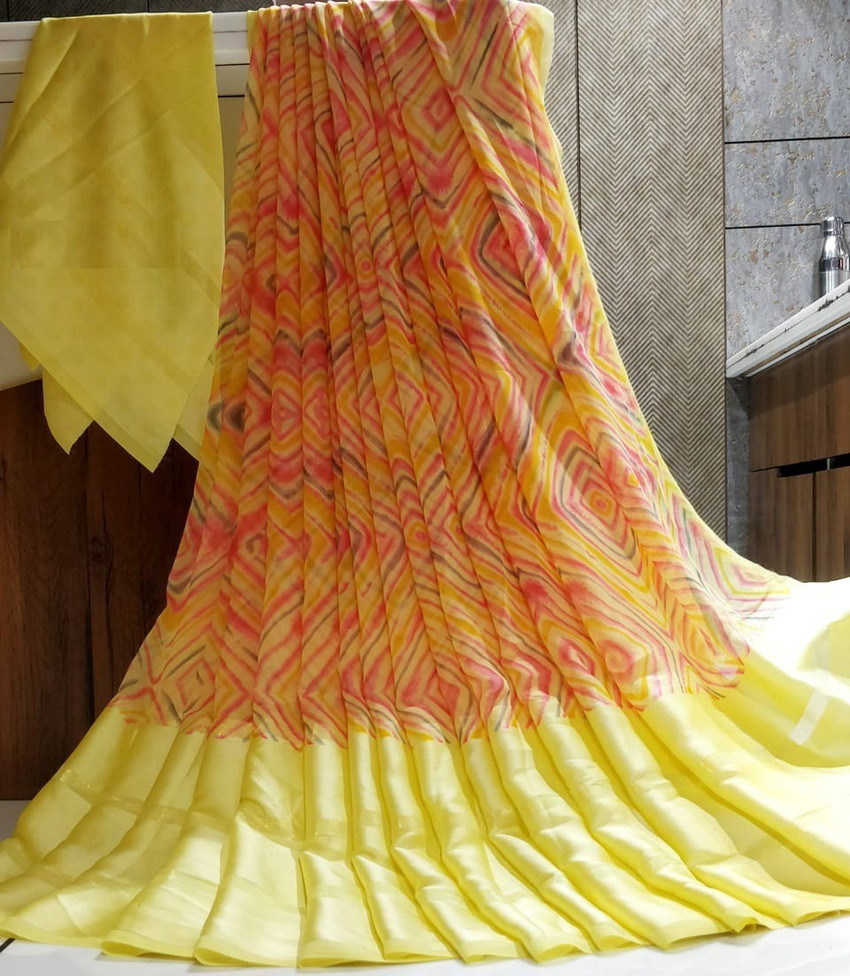 Buy Fancy Fab Striped Bandhani Georgette Pure Silk Orange Yellow