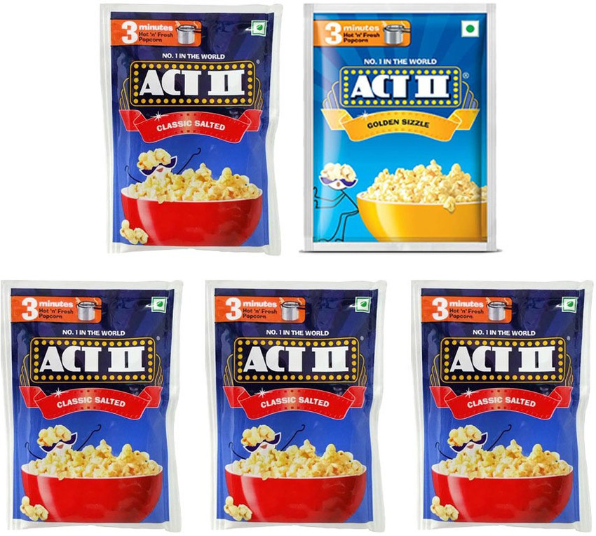 ACT II 4 Classic Salted and 1 Golden Sizzle Flavour Popcorn Each