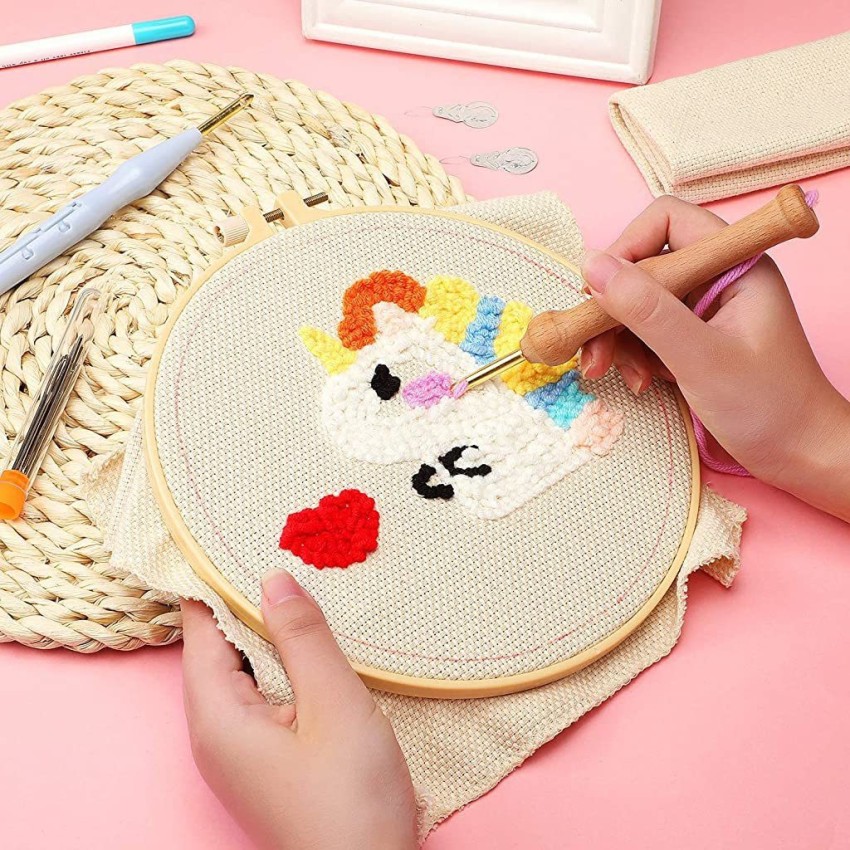 Punch Needle Embroidery Beginner Full Kits Punch Needle Tool Threader  Fabric Embroidery Hoop Yarn Rug Kid's Hand Embroidery Adults Craft 