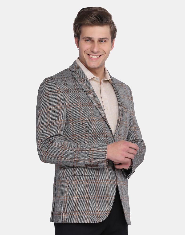 brown checkered single breasted formal blazer