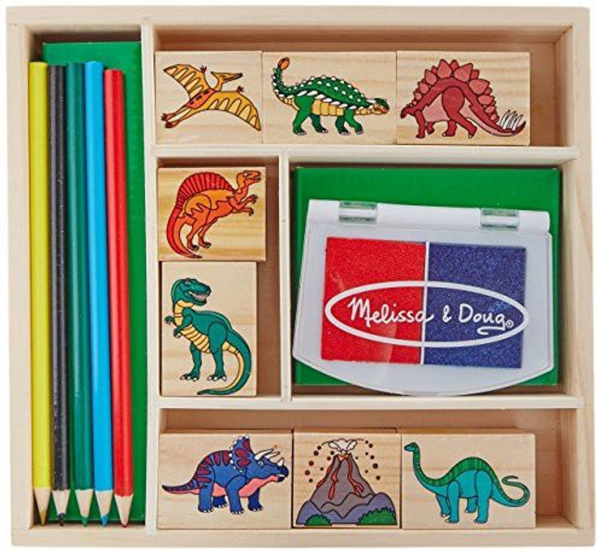 MELISSA DOUG Wooden Stamp Set Dinosaurs 8 Stamps 5 Colored