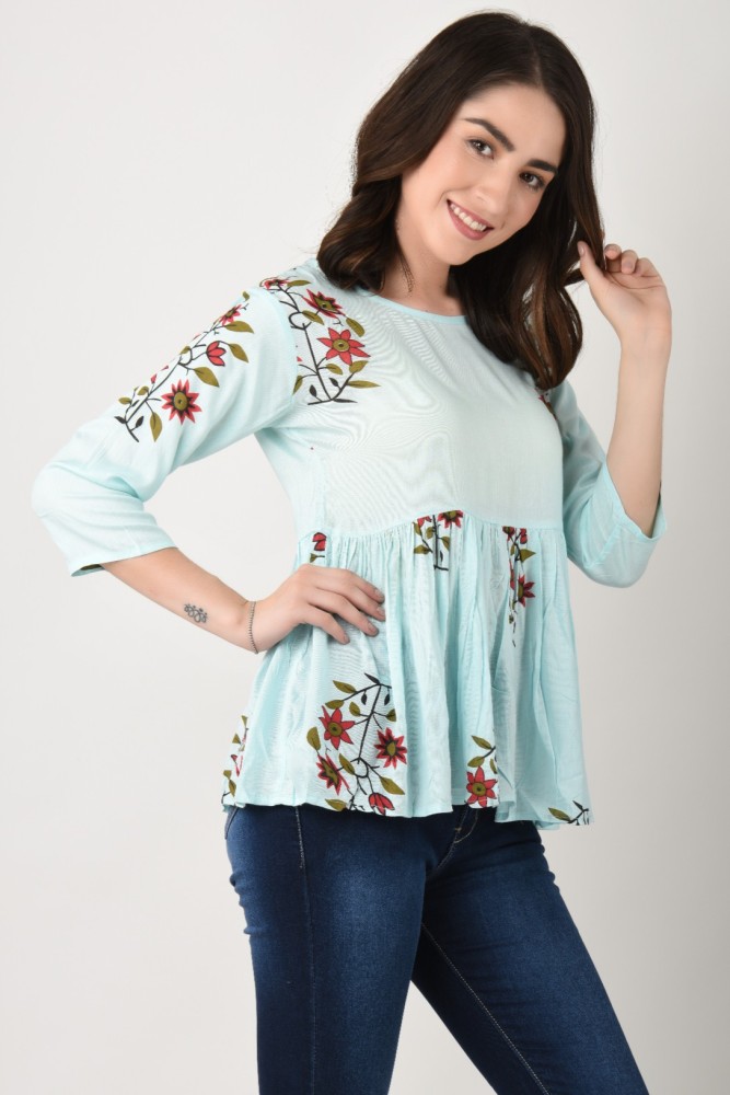 viZoma Casual Floral Print Women Light Blue Top - Buy viZoma Casual Floral  Print Women Light Blue Top Online at Best Prices in India