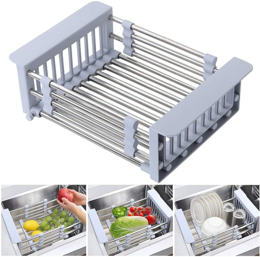 1PC Adjustable Stainless Steel Drainer Basket Over Sink Drain Tray Dish  Vegetable Fruit Drying Rack Kitchen Sink Organizer