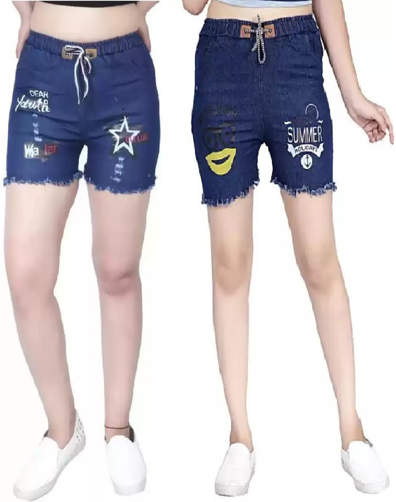 GLAMHOOD Short For Girls Casual Printed Denim Price in India Buy