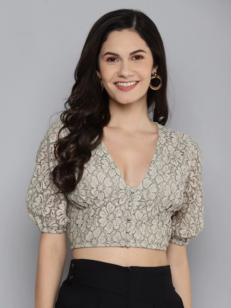 Buy Women Black Lace Puff Sleeve Crop Top Online at Sassafras