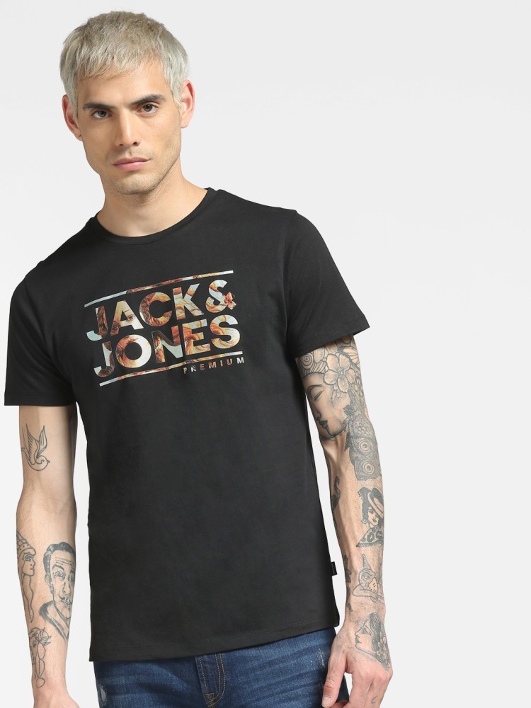 JACK & JONES Typography Men Round Neck Black T-Shirt - Buy JACK