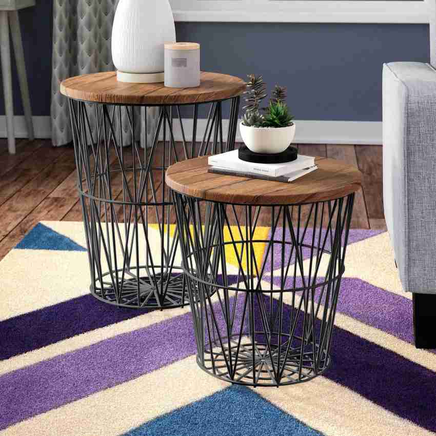 Interior Handicraft Metal Basket Wood Top Accent Side Home