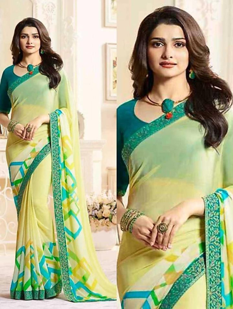 Buy Queenswear Creation Printed Color Block Floral Print Solid Plain Bollywood Georgette Chiffon Yellow Sarees Online Best Price In India Flipkart