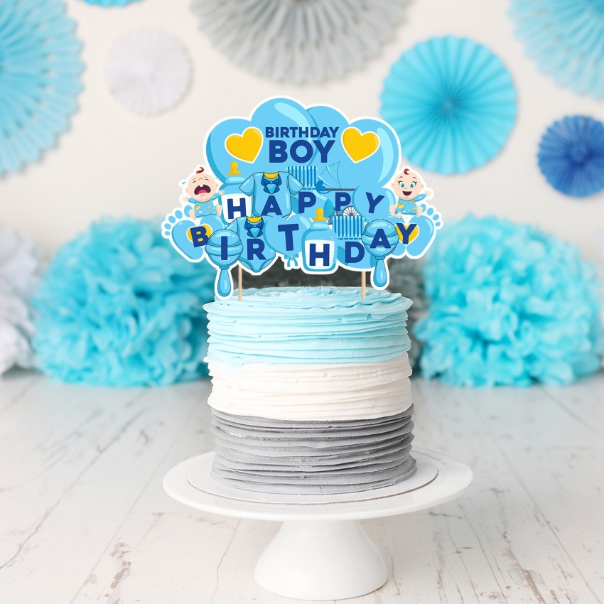 Birthday Cake For 1 Year The Cake With A Figure Teddy Bear And Rabbit  Decorated Blue And Silver Decor For A Boy Delicious Reception At A Birthday  Party The Concept Of Festive