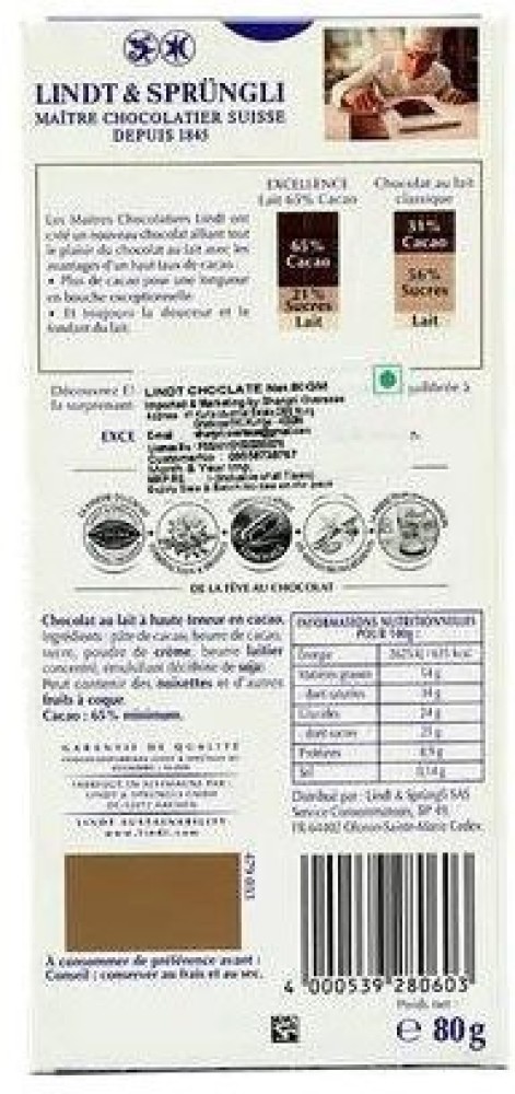 Chocolat au lait 65% cacao Excellence, Lindt (80 g)