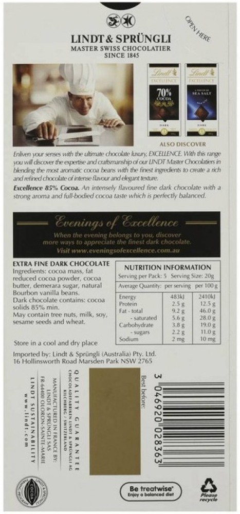 LINDT EXCELLENCE CHOCOLAT NOIR 85% CACAO 100 G