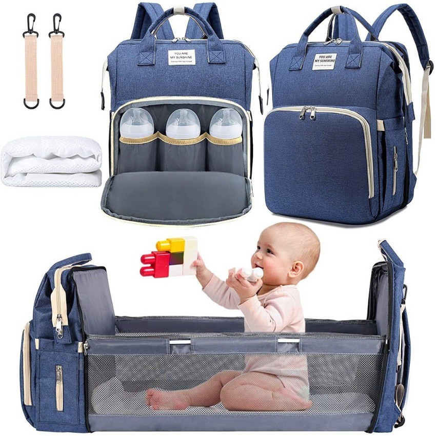 Diaper Bag Backpack, Portable Travel Mommy Bag with Changing Station,  Multi-Function Baby Bassinet Crib Diaper Backpack with Foldable Crib