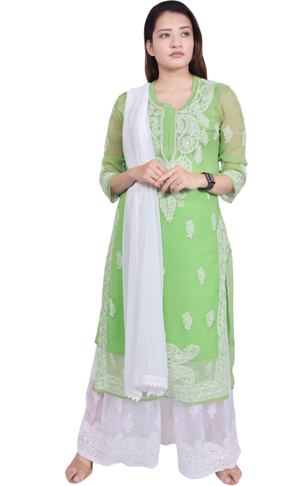 Pista Green Lucknowi Embroidered Pure Cotton Kurti Pant Set