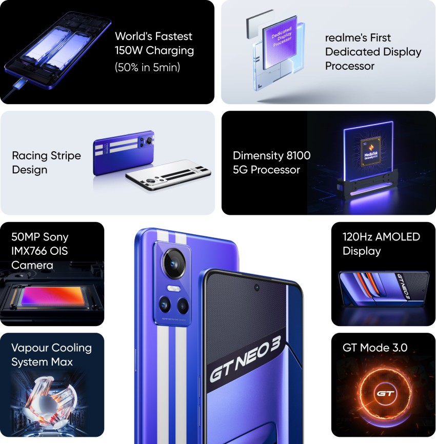 Realme GT Neo 3 150W Dual-SIM 256GB ROM + 12GB RAM (GSM Only  No CDMA)  Factory Unlocked 5G (Nitro Blue) - International Version 