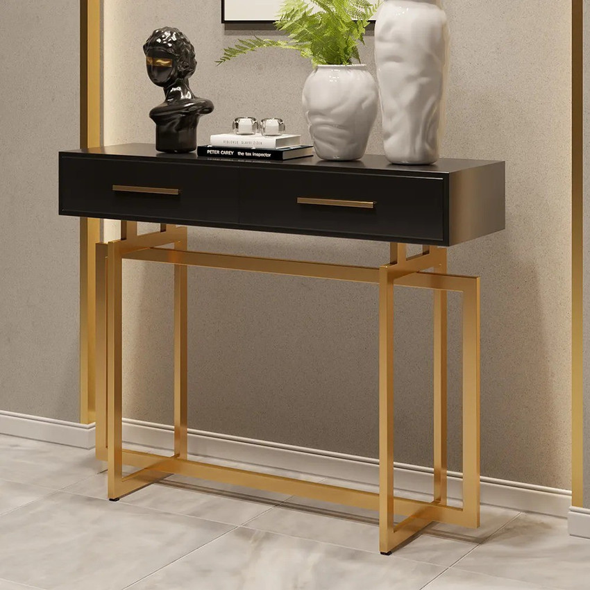 40 Modern Narrow Black Console Table with Storage Drawers and Metal Legs in Gold