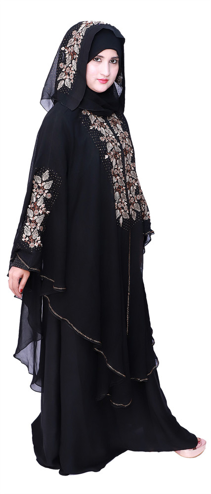 DUA ABAYA Women s Stylish Double Layer Butterfly Style Farasha Diamond Beaded Work Black Polyester Solid Abaya With Hijab Price in India Buy DUA ABAYA Women s Stylish Double Layer Butterfly Style Fara...