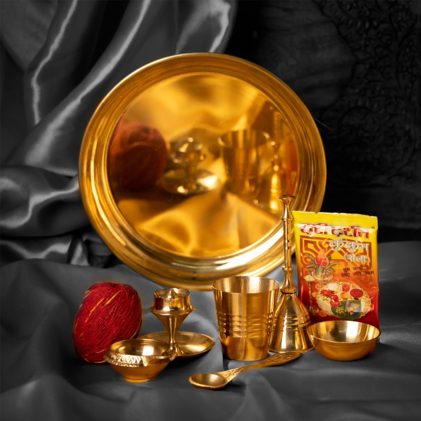 Steel and Brass Puja Thali Set for Diwali Poojan/Pooja Room (Gold, Silver)