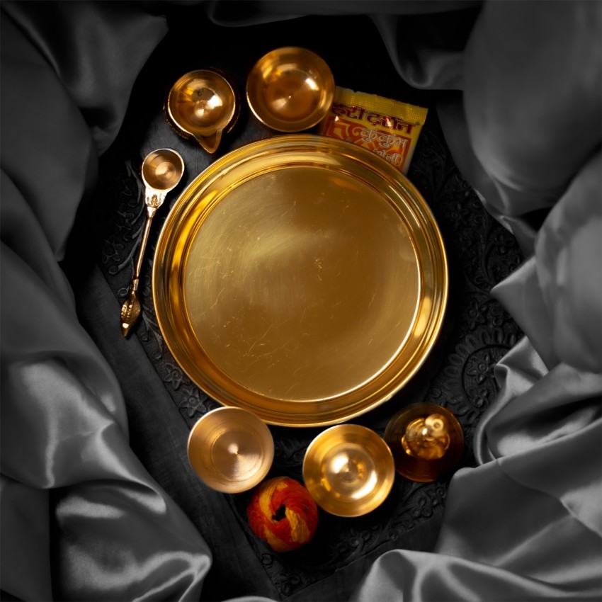 PUJA Gold Plated Brass Pooja Thali Plate With Brass Bell Pooja