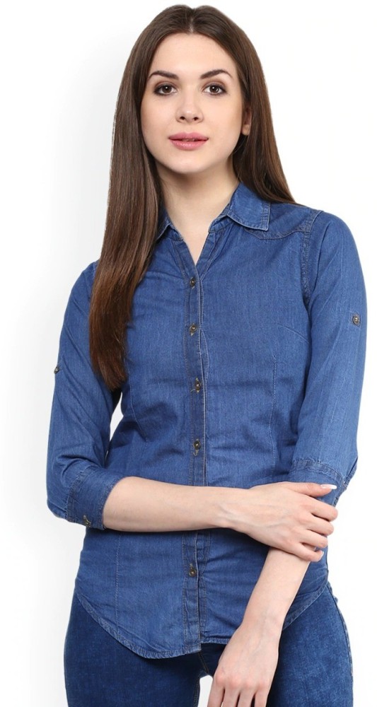 ARAENTERPRISES Women Washed Party Dark Blue Shirt - Buy