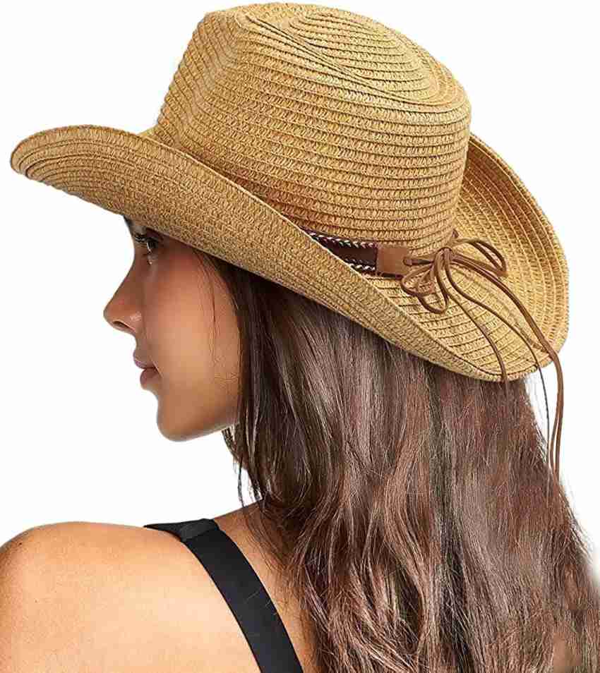 YWHY Leather Cowboy Hat for Men & Womens, Cowgirl Sun Hat Outback Wide Brim  (Color : Natural, Size : 58-59cm)