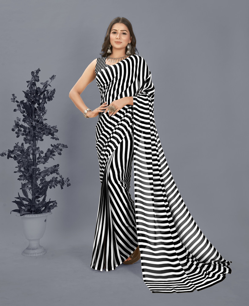 Buy Anand Sarees Printed Striped Bollywood Georgette Black Sarees