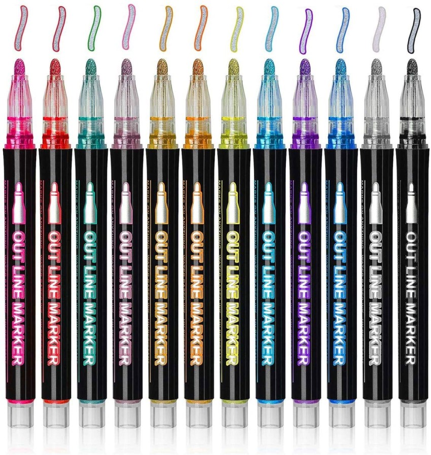 12 Colors Shimmer Outline Markers, Double Line Metallic Pen Set Sparkle  Self-Outline Doodle Marker Cool Magic Silver Glitter Dazzle Pen Card  Dazzlers Terrain Art Paint Hill Drawing Kid 