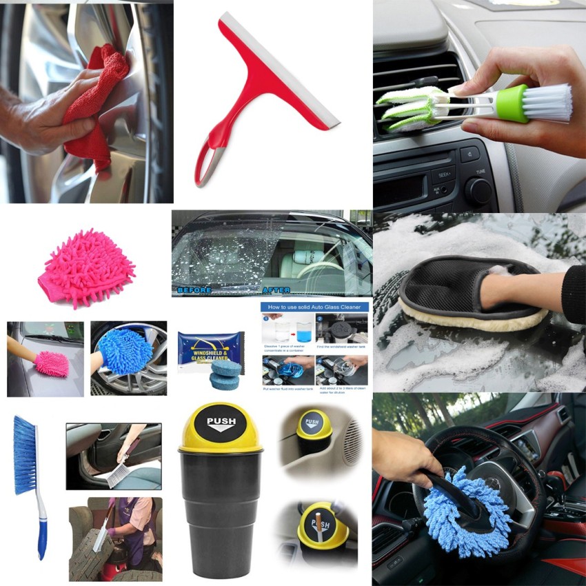 Kanya Car Cleaning Accessories Kit, Dustbin/Washing Pad/Mini Duster/2Pcs  Magic Glass Tablet/3Pcs Microfiber Cloth/Wiper/Ac Brush/Carpet Brush/Gloves  Combo Pack of 12 : : Car & Motorbike