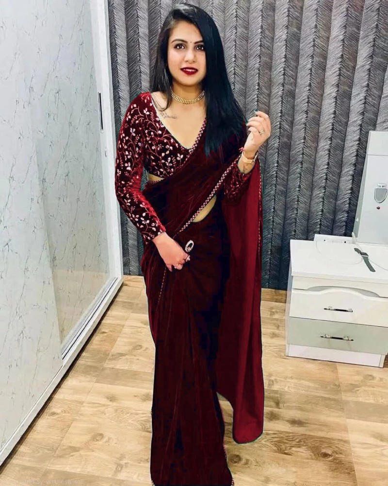 Anaya Maroon Velvet Saree with Belt – kreationbykj