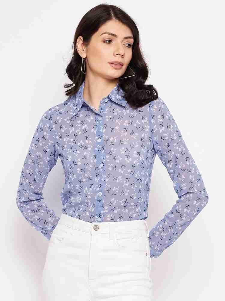 BuyNewTrend Blue White Georgette Floral Print Women Long Shirt | shirt |  shirts | shirt for women | shirt | shirts | shirt for women