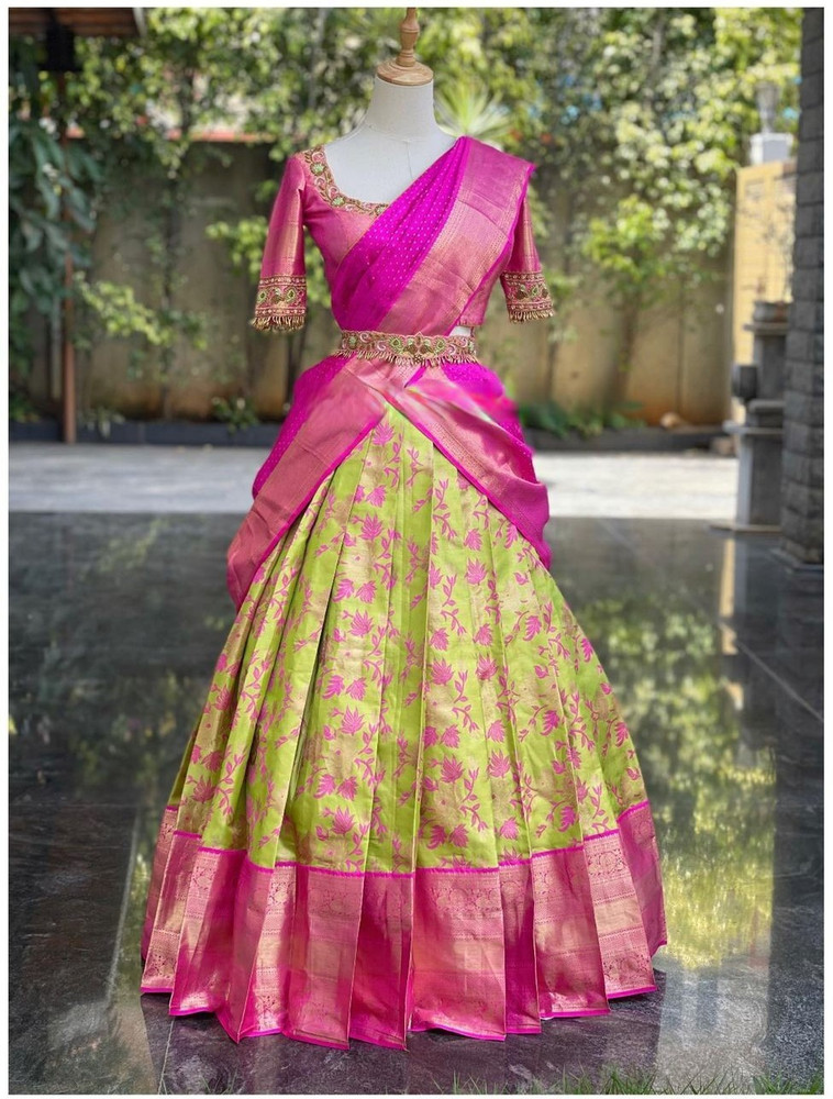 Buy Azad Sarees Floral Print Kanjivaram Silk Blend Orange Sarees