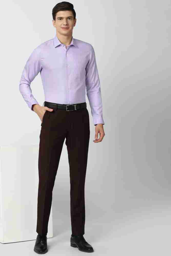 purple shirt gray pants