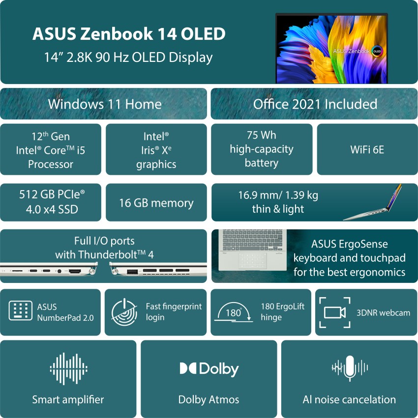 ASUS Zenbook 14 (OLED) 2023, AMD Ryzen 5 7530U, 14 (35.56 cm) 2.8K OLED  90Hz, Thin & Light Laptop (16GB/512GB SSD/Windows 11/Office