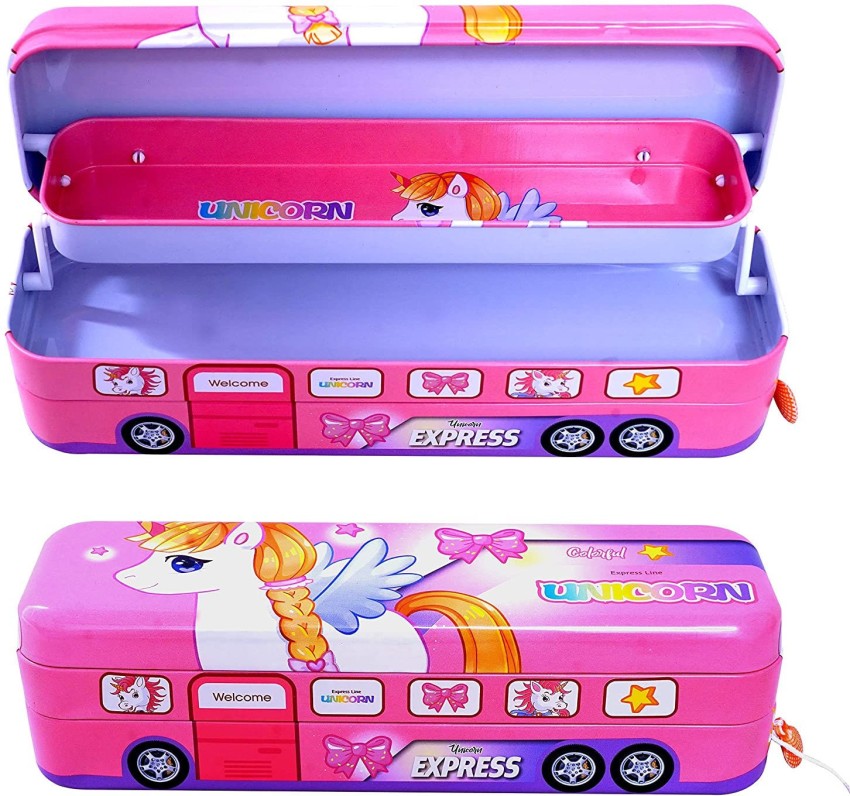 School Bus Pencil Box for Girls - Compass Box for Girls with Wheel