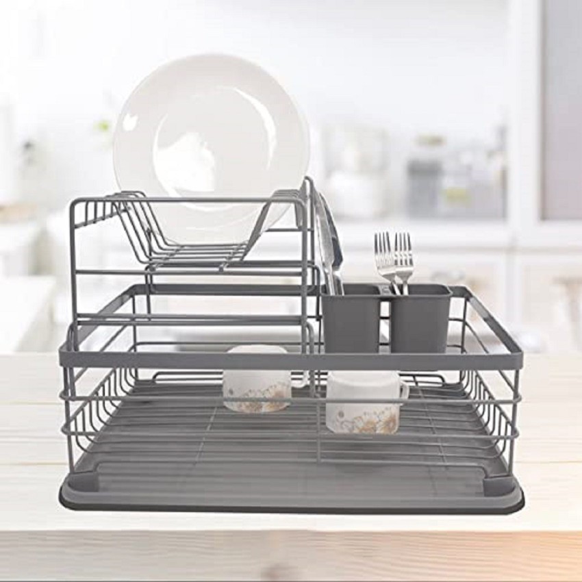 Silver and Black Drying Dish Rack Detachable 2 Tier Dish Rack with  Drainboard for Kitchen Counter