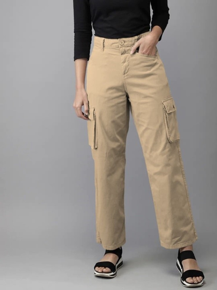 Buy MONTREZ Womens Comfort Loose Fit Cotton Cargos Trousers Black