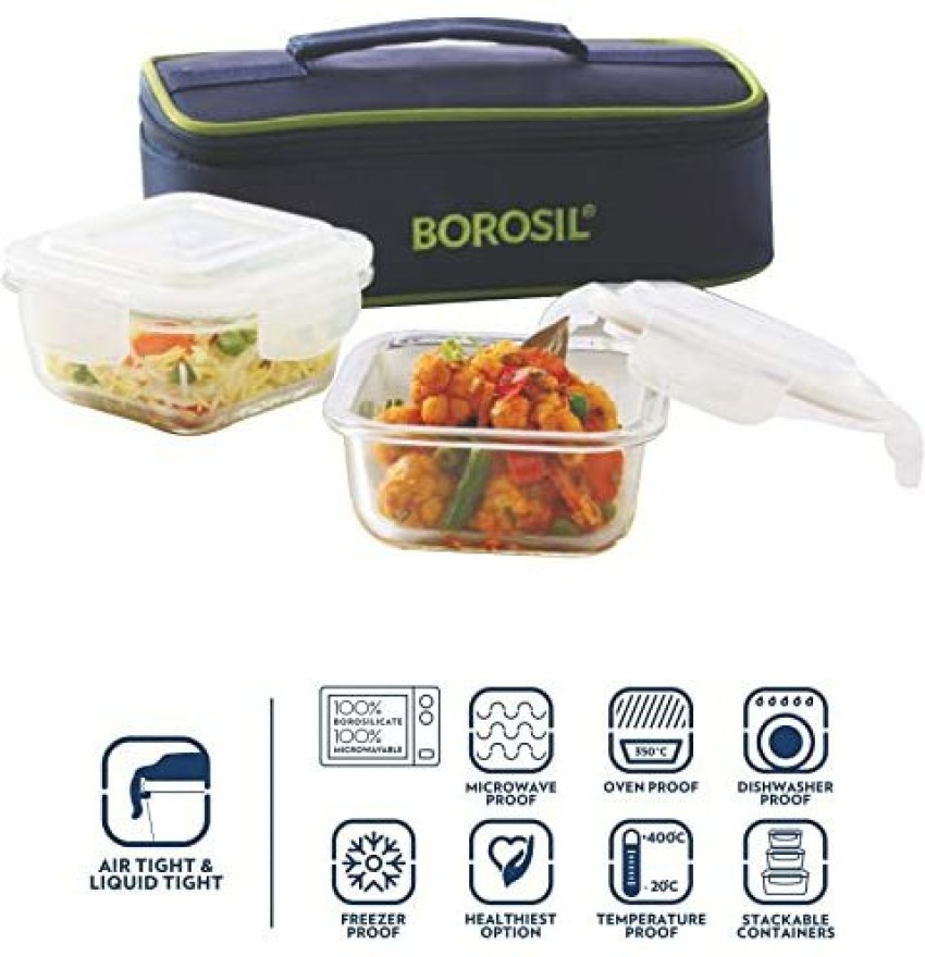 Borosil Glass Universal Lunch Box Set of 4, (2pcs 320 ml sqr + 2pcs 240 ml  Rnd) Microwave Safe Office Tiffin